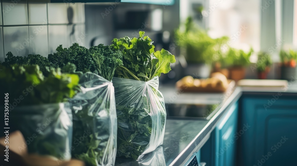 Organic leafy greens, such as kale and arugula, stored in clear plastic bags on a kitchen counter, with ample space for promotional text.