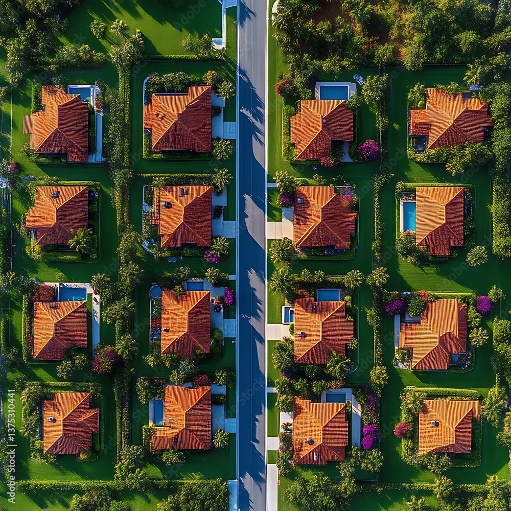 Obraz premium Aerial view of luxury homes, rows of terracotta roofs, lush green landscaping, and swimming pools