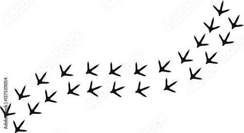 Bird Footprint Path Vector. A minimalistic black bird footprint trail forming a curved path on a white background. Ideal for nature-themed designs, patterns, and creative artwork