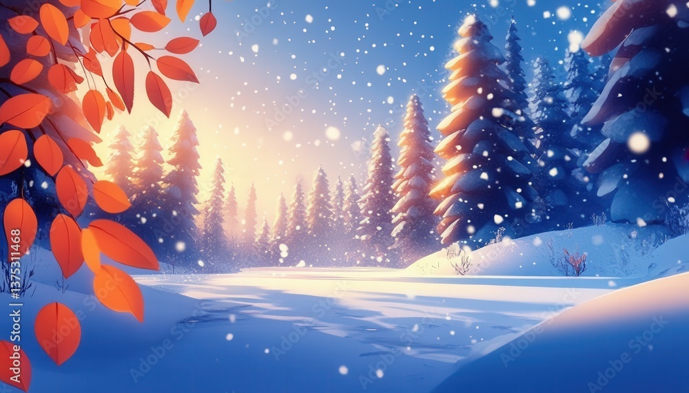 Naklejka premium Winter Wonderland Sunrise Scene