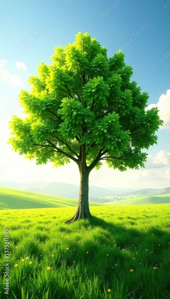 A single tree in a field with sunlight filtering through its leaves, environmental, foliage, forest A single tree in a field with sunlight filtering through its leaves, environmental, foliage, forest