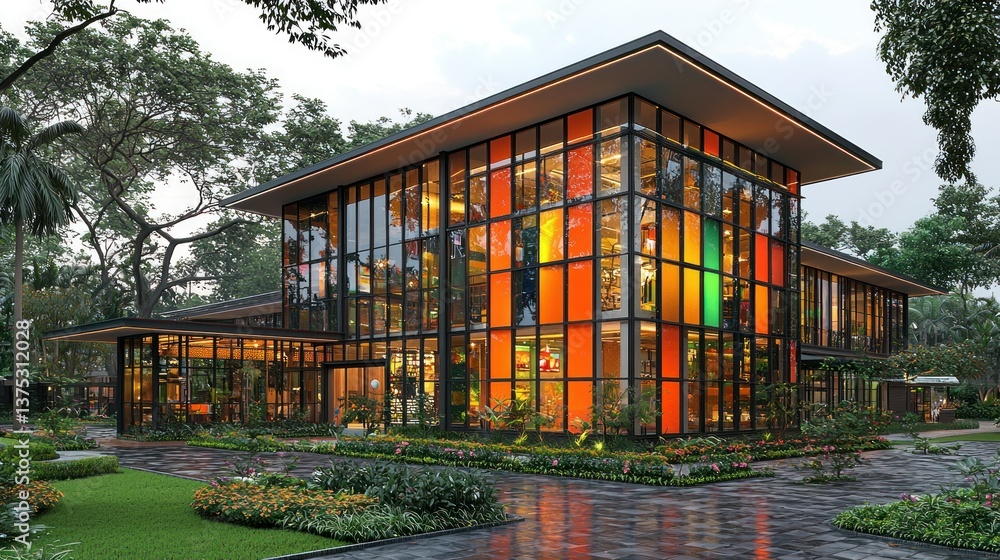 Obraz premium Modern Glass Building in Lush Greenery