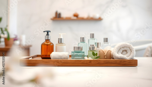 Tray with spa supplies in salon , with white tonespng