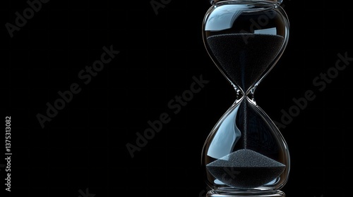 A glass hourglass with sand in it is shown on a black background