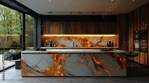 Luxury Modern Kitchen Design: Marble and Wood Elegance