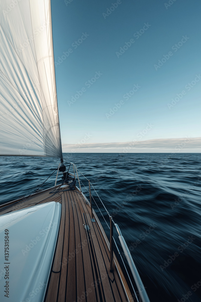 Obraz premium Sailing yacht cruising on open sea during calm weather, deck view perspective