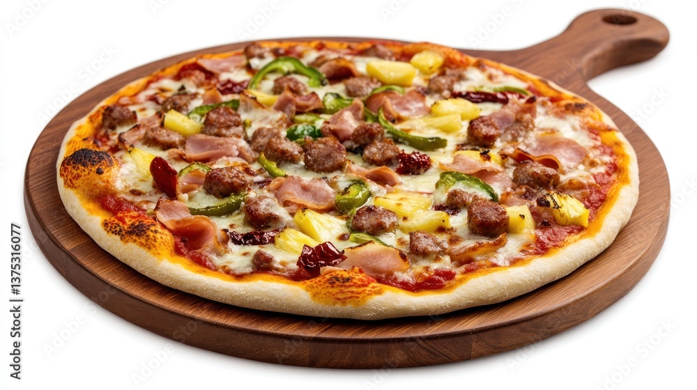 A loaded pizza with ham, pineapple, sausage, and peppers A loaded pizza with ham, pineapple, sausage, and peppers