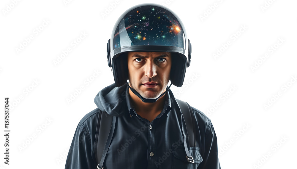 Casually dressed sad looking man in a large helmet with bright stars and galaxies projected on the shield and behind his back with white background in front of him. Double exposure isolated with whi Casually dressed sad looking man in a large helmet with bright stars and galaxies projected on the shield and behind his back with white background in front of him. Double exposure isolated with whi
