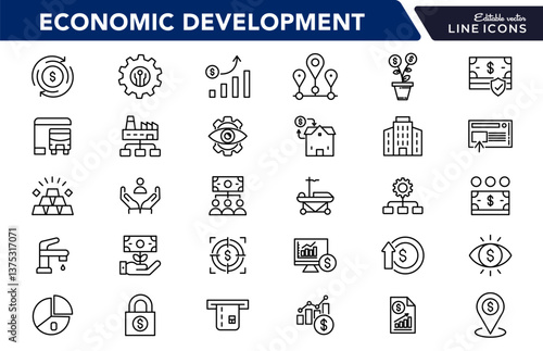 Business Economic Development line icon set. Entrepreneurship, containing business, economic stimulus, trade expansion, sustainable Development,  outline icon collection. UI thin outline icon pack