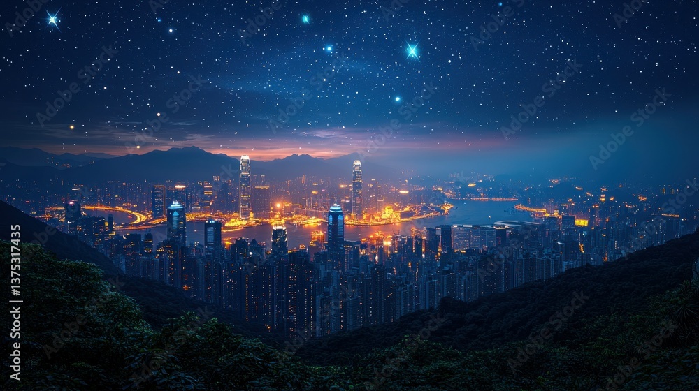 Obraz premium Night Hong Kong Skyline under a Starry Sky