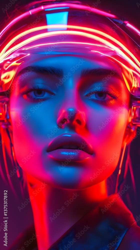 Futuristic woman with glowing neon visor in blue and pink lights Futuristic woman with glowing neon visor in blue and pink lights