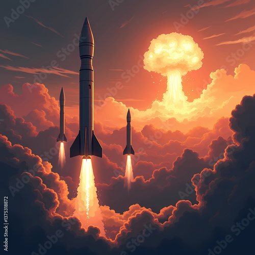 Nuclear weapons and war, image of ballistic missiles flying against a red sky and nuclear explosion.