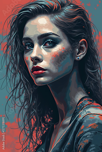 Portrait of a beautiful woman with long hair in watercolor style on a red and green background.