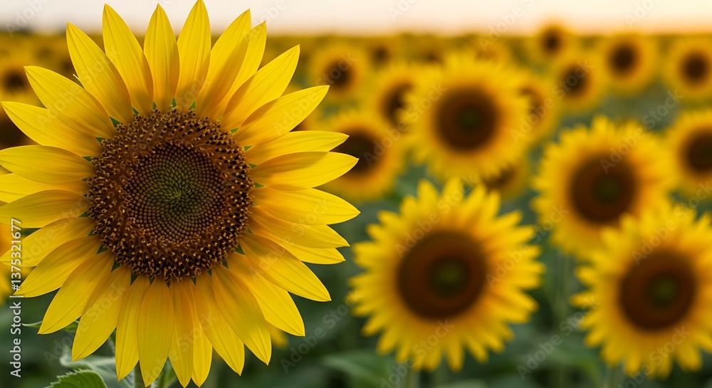 Obraz premium A vibrant sunflower field basking in golden sunlight, a symbol of summer's warmth and joyful energy, with a soft focus on surrounding blooms.