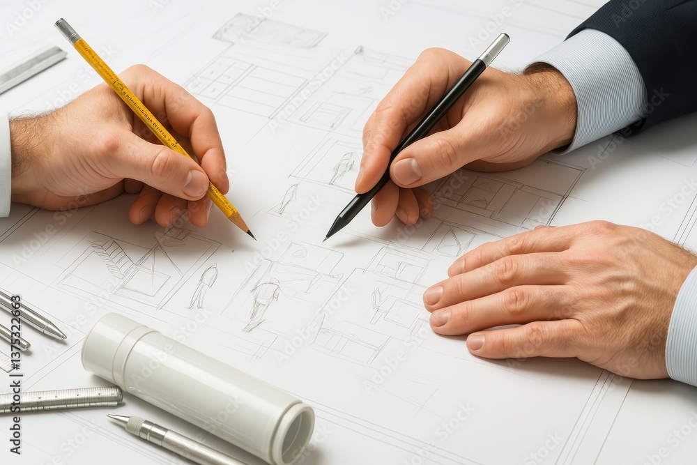 Two hands sketch architectural plans, showcasing creativity and collaboration in design work with various drawing tools surrounding them. Two hands sketch architectural plans, showcasing creativity and collaboration in design work with various drawing tools surrounding them.