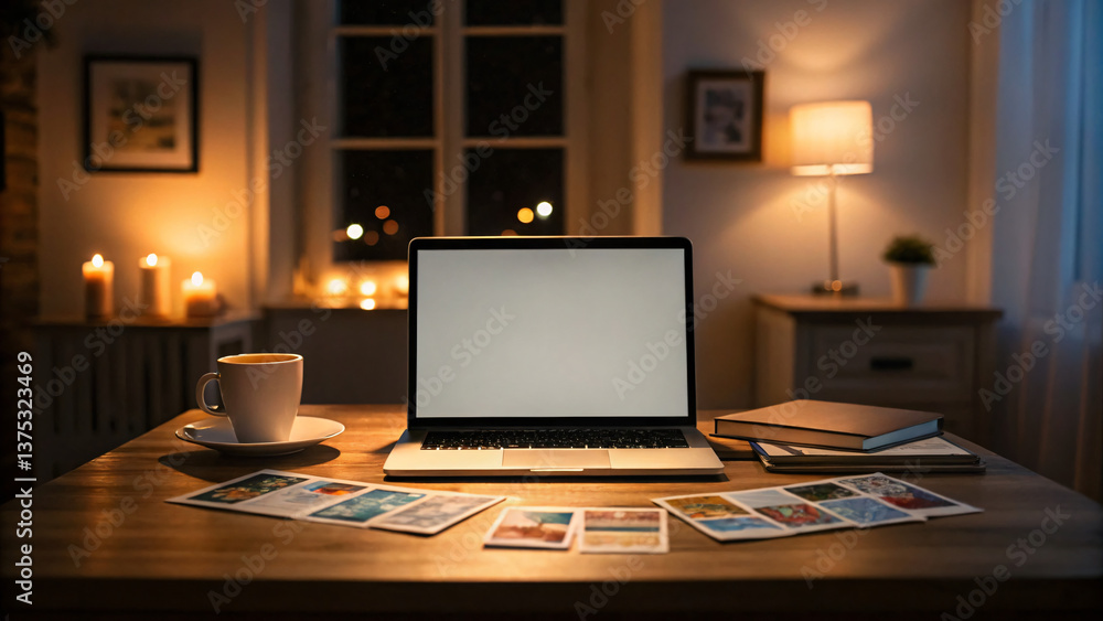 custom made wallpaper toronto digitalCozy Evening Workspace with Laptop, Coffee, Photographs, and Warm Lighting Atmosphere