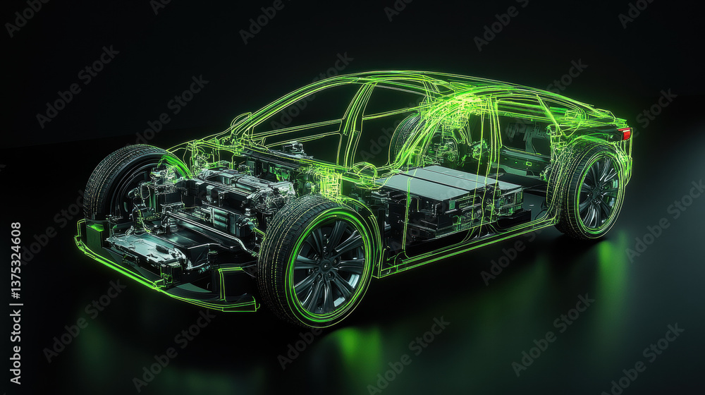 A detailed X-ray perspective of an electric car, showcasing the battery and other components in green neon light against a black background A detailed X-ray perspective of an electric car, showcasing the battery and other components in green neon light against a black background