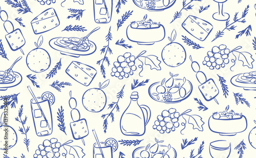 Hand drawn italian food seamless pattern. Chalk crayon sketch dish with pizza, cheese, pasta, olives, bottle wine, italy ingredients for menu in doodle style. Vector illustration.