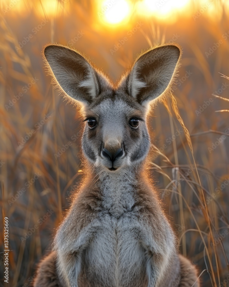 Fototapeta premium Kangaroo facing forward with golden sunset behind tall grass.