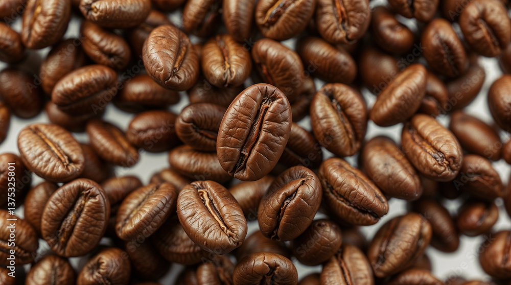 Photorealistic image, ultra-high-definition, of floating roasted coffee beans. Each bean displays detailed grooves, textures, and rich brown tones. Beans are arranged dynamically, with soft lighting Photorealistic image, ultra-high-definition, of floating roasted coffee beans. Each bean displays detailed grooves, textures, and rich brown tones. Beans are arranged dynamically, with soft lighting