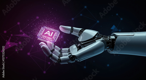 Robotic hand showcasing AI chip against futuristic background  