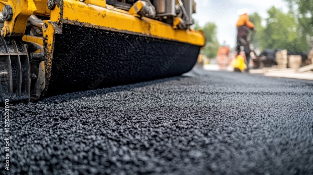 A close-up of asphalt being smoothed by a large paver machine. A close-up of asphalt being smoothed by a large paver machine.