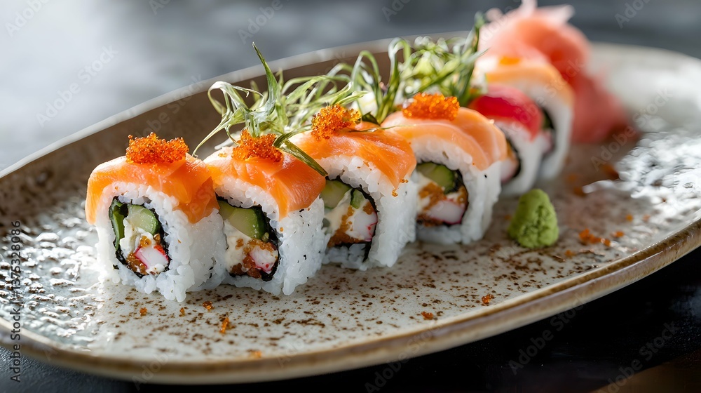 A crispy seaweed edge frames a simple yet stylish arrangement of fresh sushi rolls and colorful toppings on a A crispy seaweed edge frames a simple yet stylish arrangement of fresh sushi rolls and colorful toppings on a