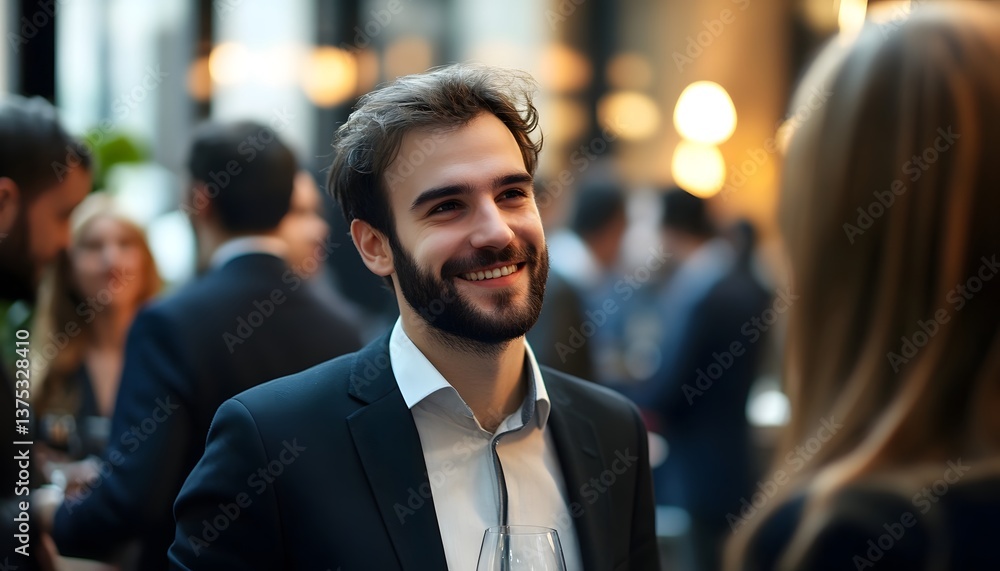 A confident young man with a beard smiles during a networking event, engaging in conversation. The elegant setting enhances the professional atmosphere of the gathering. A confident young man with a beard smiles during a networking event, engaging in conversation. The elegant setting enhances the professional atmosphere of the gathering.