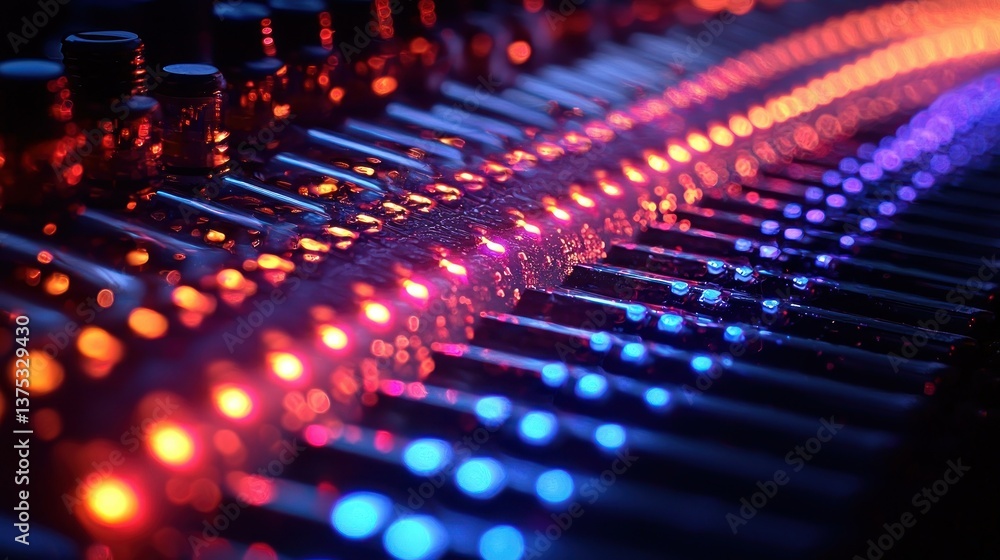 Abstract Symphony of Lights: A Close-Up View of Illuminated Mixing Console Abstract Symphony of Lights: A Close-Up View of Illuminated Mixing Console
