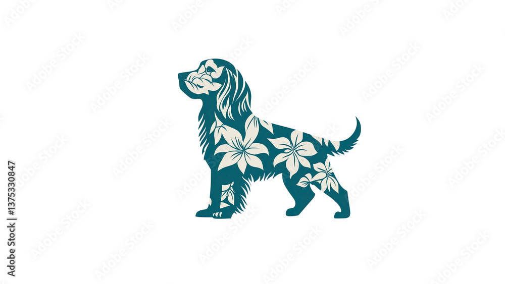 Fototapeta premium Elegant Floral Dog Silhouette Teal and White Canine Design