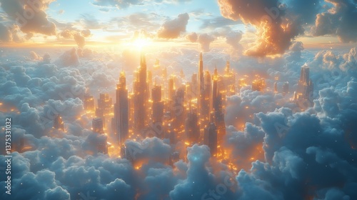 A glowing, futuristic cityscape rises above the clouds at sunset, with towering skyscrapers and ethereal light creating a surreal atmosphere.