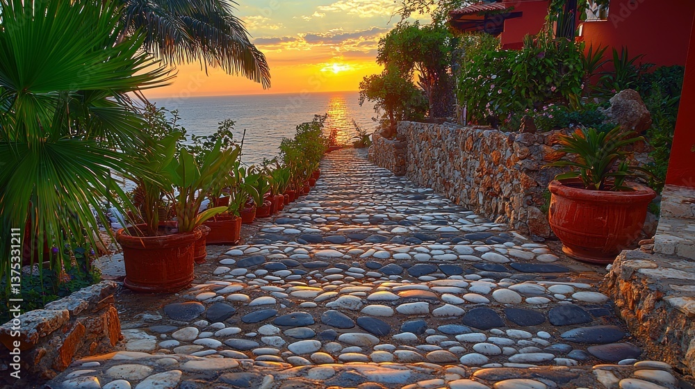 Fototapeta premium Sunset Steps to the Sea: A Mediterranean Paradise