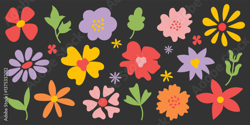 Decorative hand-drawn flowers in flat style. Colorful florals on dark background. Bright botanical illustration with abstract leaves and blossoms. Perfect for textiles, wallpapers, and backgrounds.