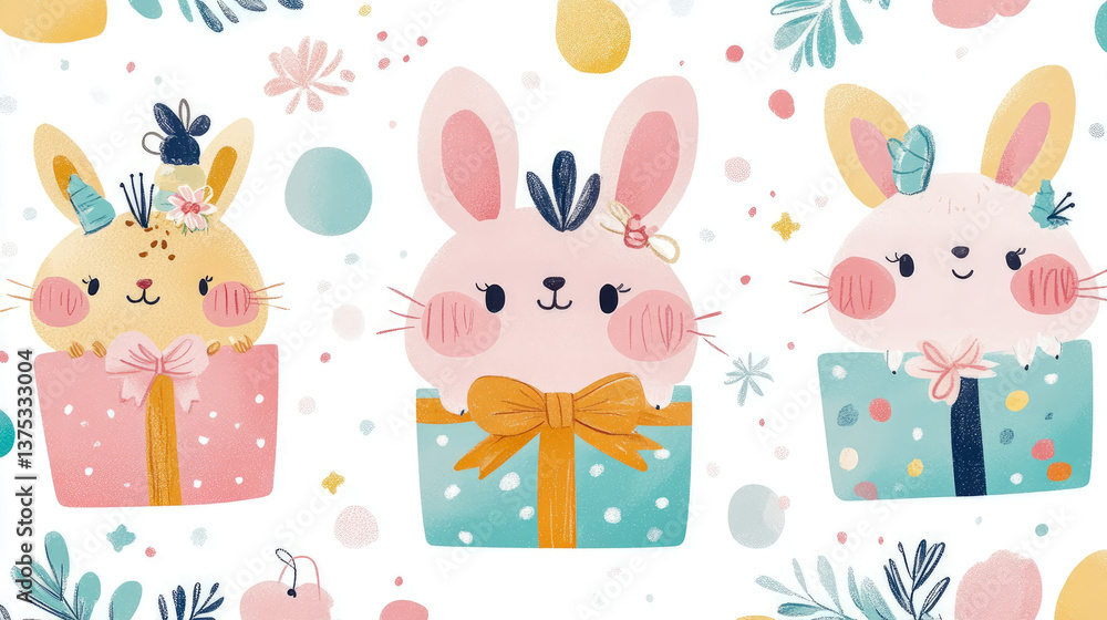 Concept: Delightful bunny presents; Holiday: Easter; Purpose: Print for greeting card, invitation, poster Concept: Delightful bunny presents; Holiday: Easter; Purpose: Print for greeting card, invitation, poster