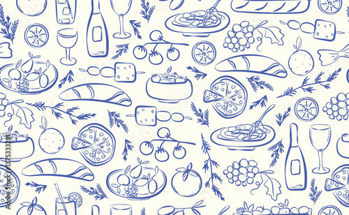 Hand drawn italian food seamless pattern. Chalk crayon sketch dish with pizza, cheese, pasta, croissant, olives, bottle wine, italy ingredients for menu in doodle style. Vector illustration.