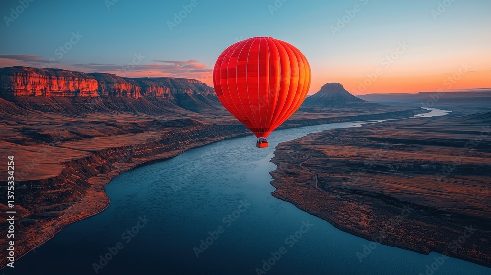Fototapeta premium Sunrise Hot Air Balloon Ride Over Scenic River Canyon