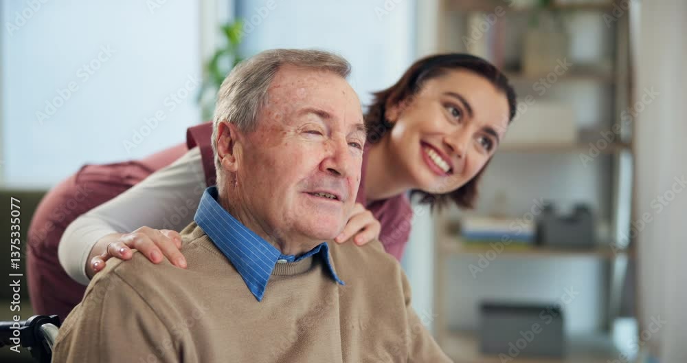 Woman, caregiver and person with disability, pointing and senior care for patient, talking and wheelchair. Healthcare, medical professional and rehabilitation in clinic with nurse and assisted living Woman, caregiver and person with disability, pointing and senior care for patient, talking and wheelchair. Healthcare, medical professional and rehabilitation in clinic with nurse and assisted living