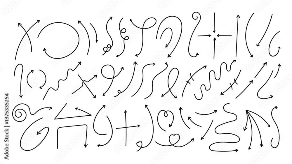 Set of black hand drawn arrow element vector. Collection of doodle arrows, lines, symbol, shapes on white background. Simple icon illustration for education, decoration, map. Set of black hand drawn arrow element vector. Collection of doodle arrows, lines, symbol, shapes on white background. Simple icon illustration for education, decoration, map.
