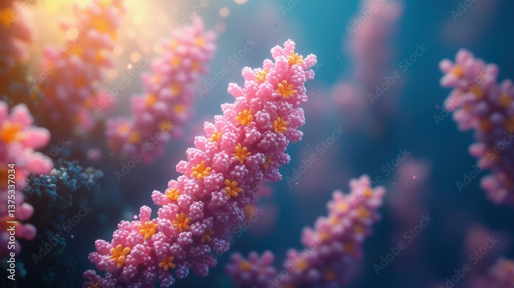 Fototapeta premium Microscopic Coral Structures: A Detailed Look into the Intricate Beauty of Pink and Orange Coral Polyps Under a Microscope.