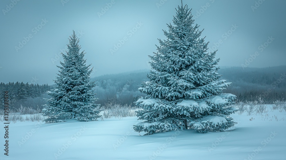 Winter Wonderland: Two Snow-Covered Evergreen Trees in a Snowy Field Winter Wonderland: Two Snow-Covered Evergreen Trees in a Snowy Field