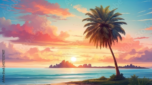 Fototapeta Naklejka Na Ścianę i Meble -  A serene beach scene featuring a tall,