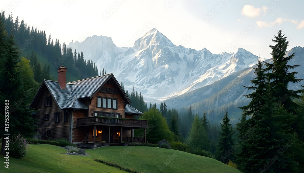 style house with mountain view , with white tonespng style house with mountain view , with white tonespng