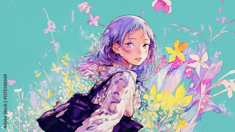 花と振り返る女性 花と振り返る女性