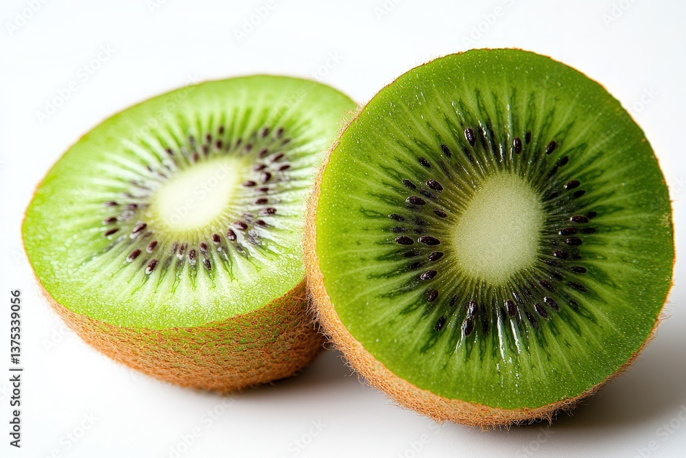 Two halves of a sliced kiwi fruit are displayed closely Two halves of a sliced kiwi fruit are displayed closely