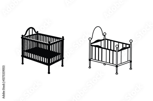 Two Classic Baby Crib Designs Silhouette and Outline