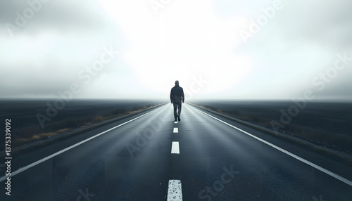 Lonely man walking down a long road , with white tonespng