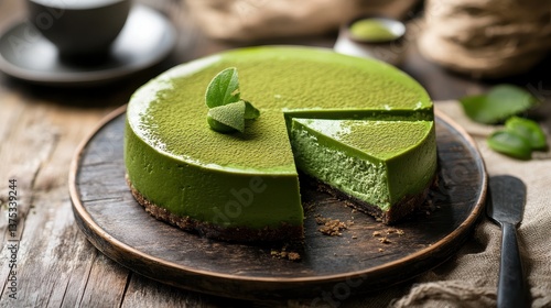 Delicious Matcha Cheesecake on Wooden Table with Slice Cut Out