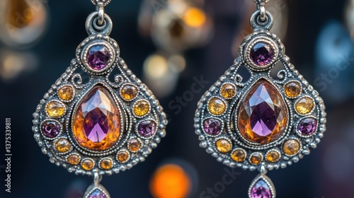 Elegant Vintage Earrings with Colorful Gemstones and Intricate Design