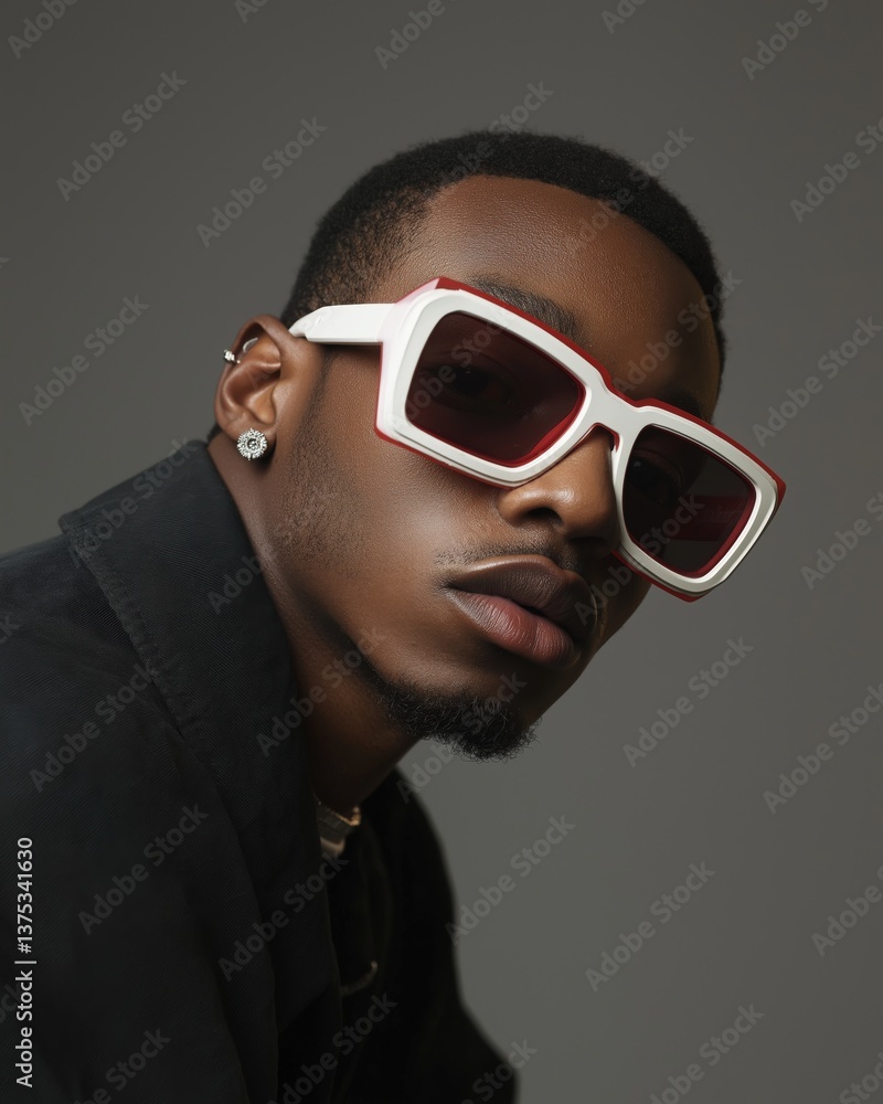 Fototapeta premium Stylish young man poses confidently with trendy sunglasses in a modern studio setting