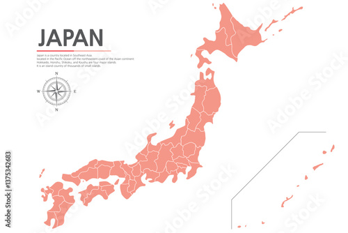 6. Japan red map. A map of Japan with a red background and a white line marking the main boundaries.